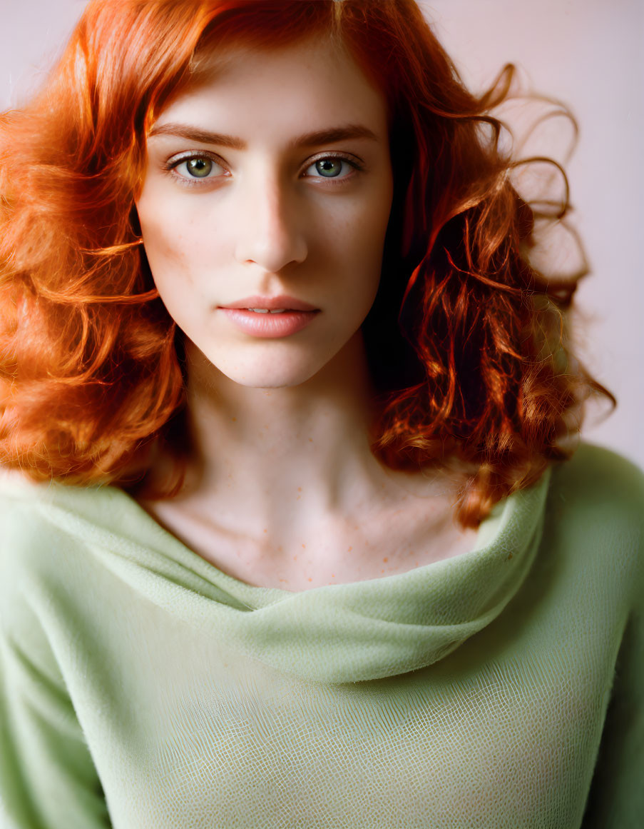 Curly Red-Haired Woman in Green Top with Green Eyes