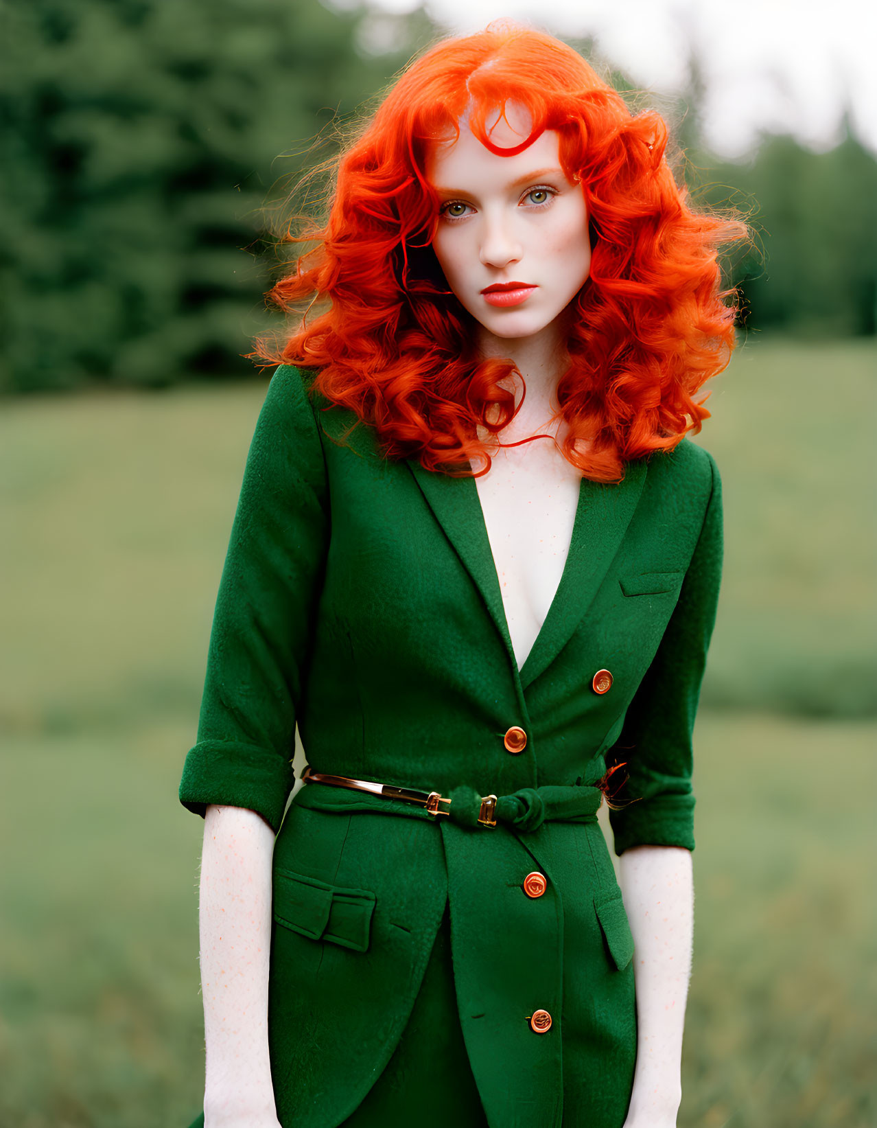 Vibrant red-haired person in green blazer dress outdoors