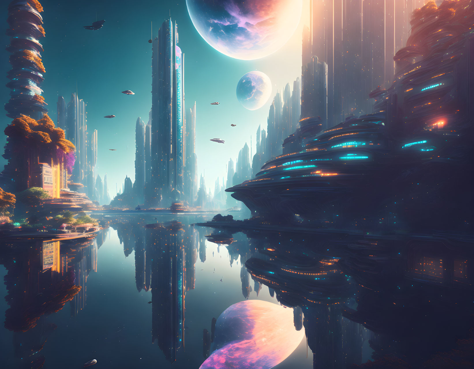 Futuristic cityscape with skyscrapers, flying vehicles, and celestial bodies reflected in water.