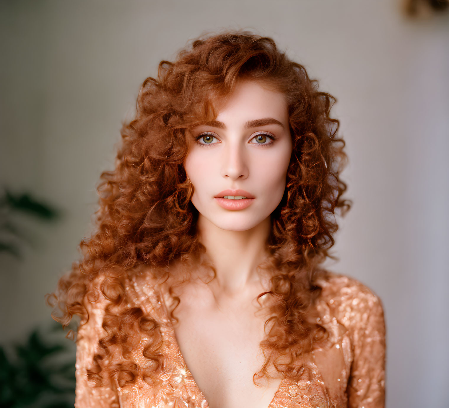 Curly Red-Haired Woman in Peach Blouse with Green Eyes Portrait