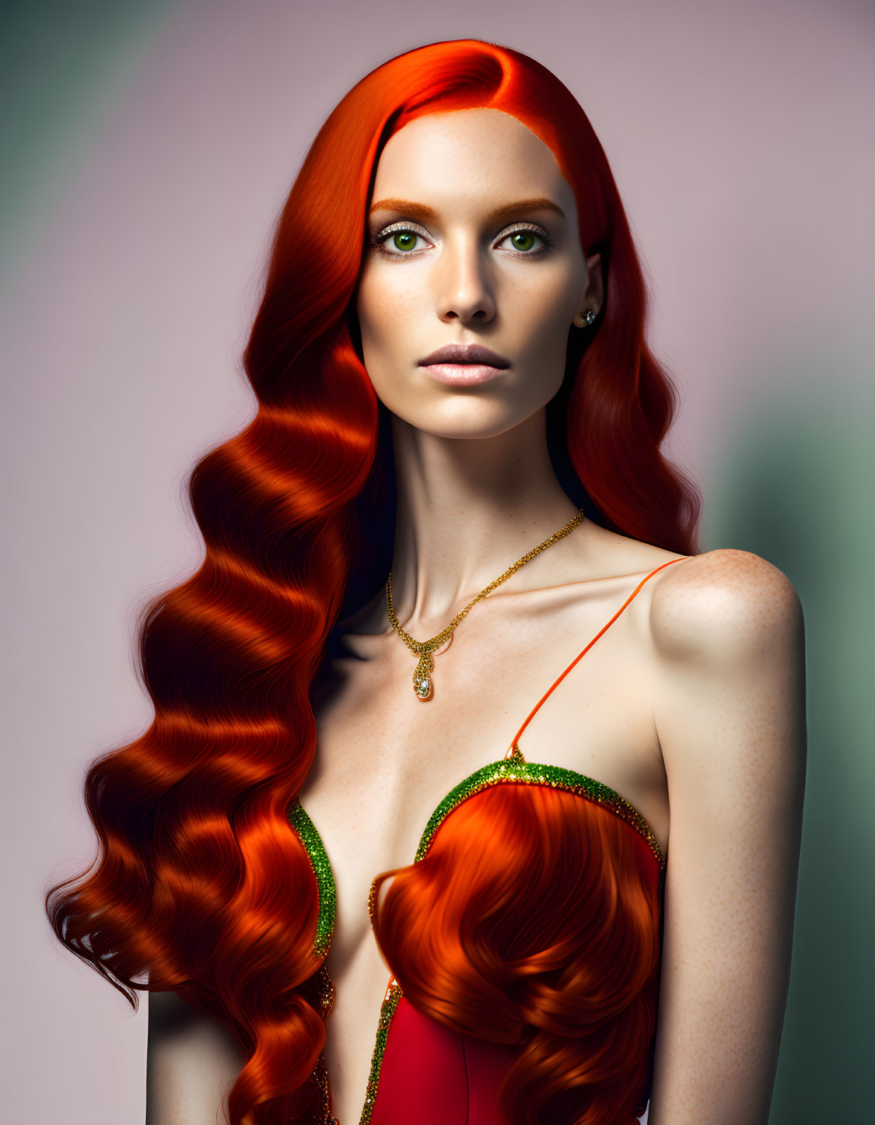Digital portrait of a woman with red hair, green eyes, red dress, and gold necklace