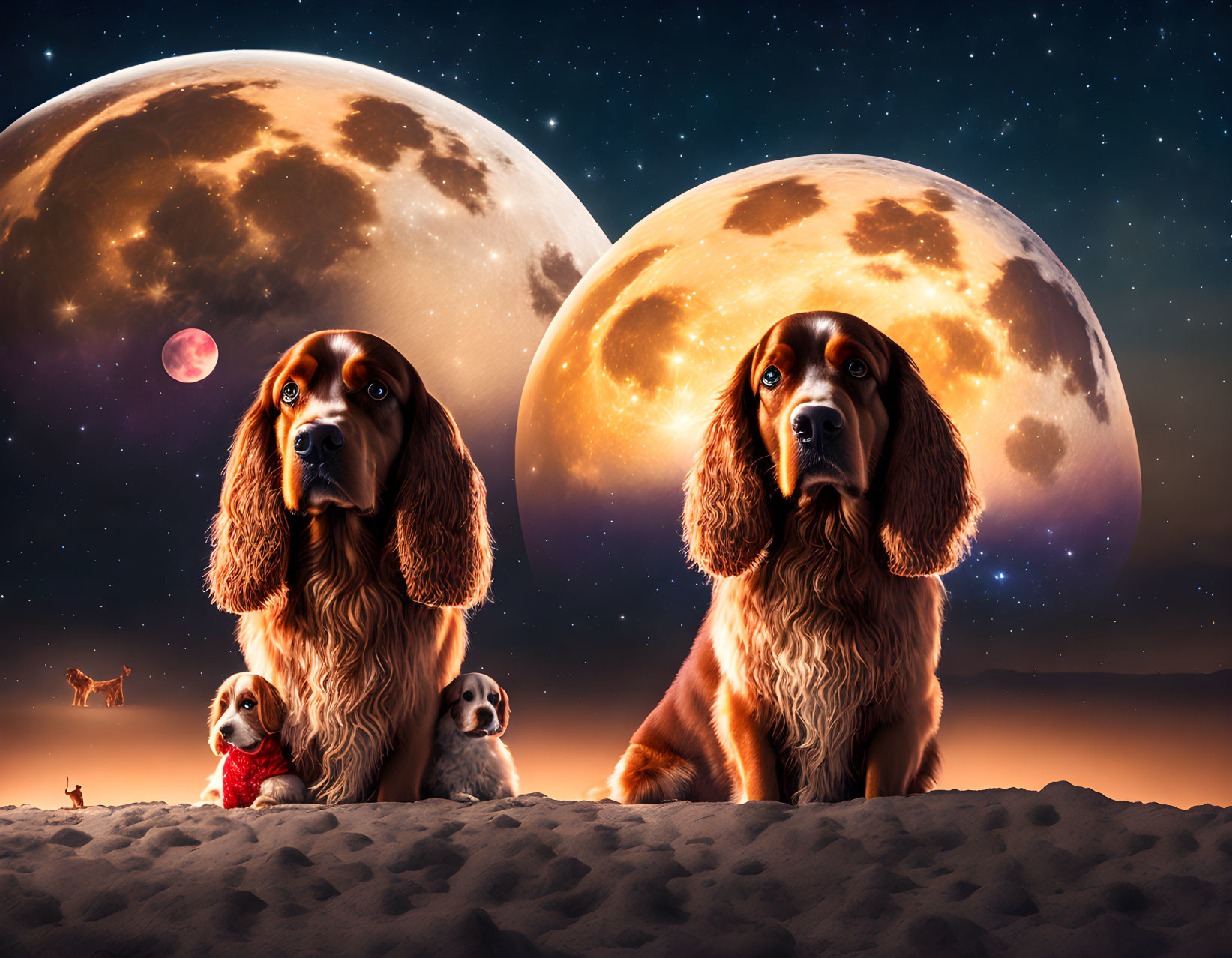 Four dogs under two moons in desert landscape with stars and planet