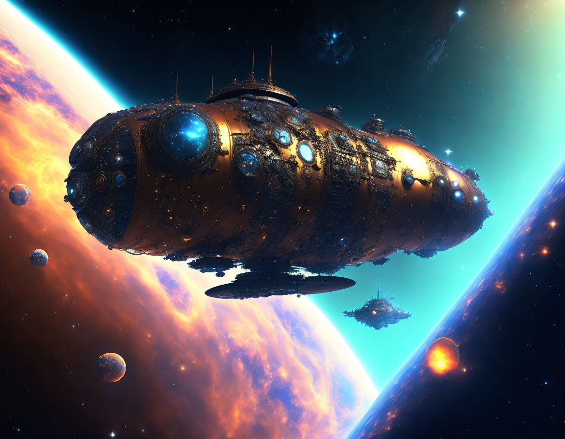 Futuristic spaceships orbit vibrant planet with blue and orange nebula