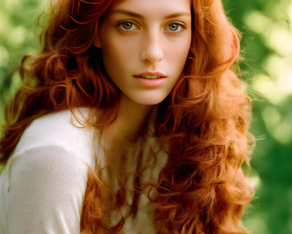 Woman with Long Red Hair and Green Eyes in White Blouse against Blurred Green Background