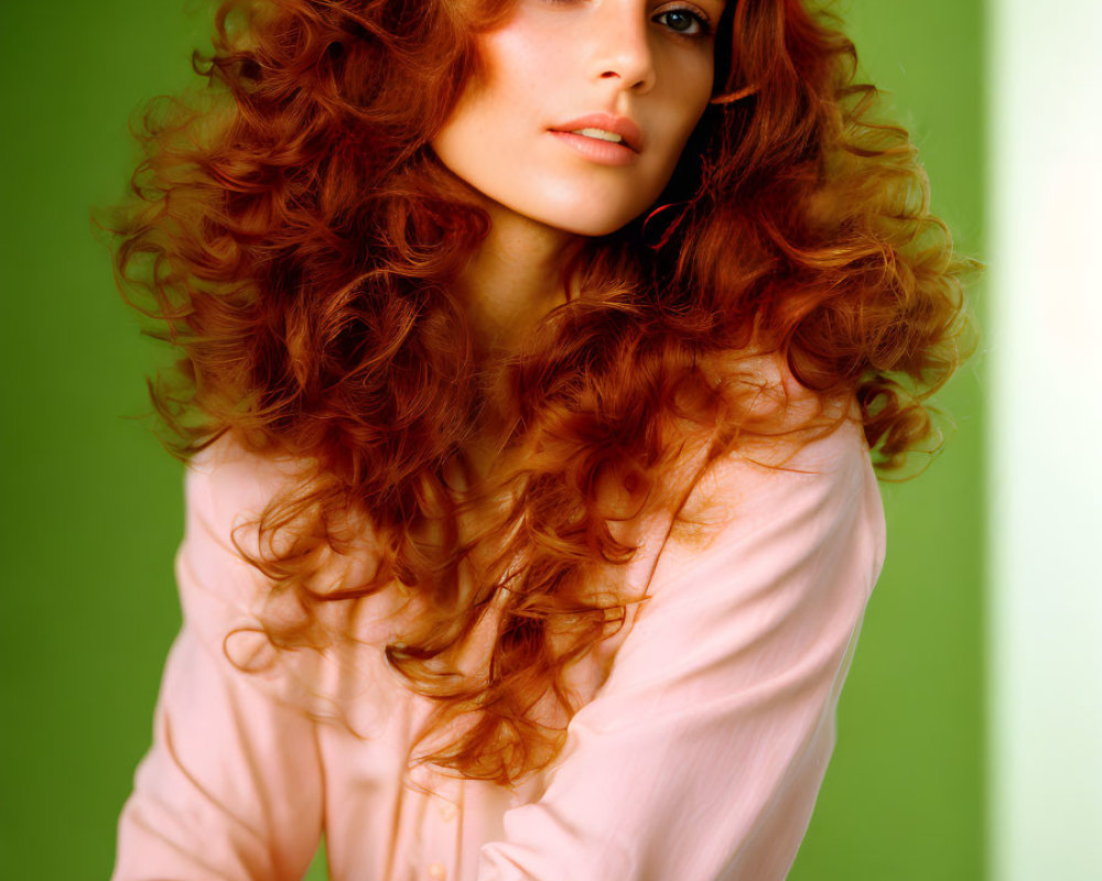 Curly Red-Haired Woman in Pink Blouse on Green Background