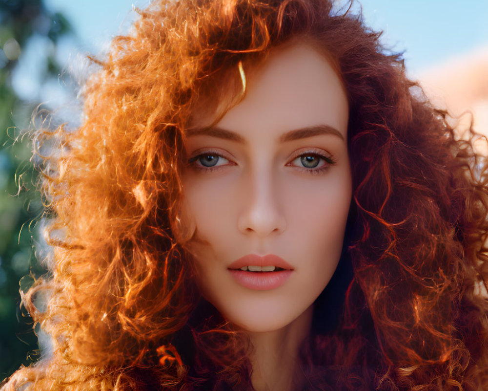 Curly Red-Haired Woman Portrait on Soft Blue-Green Background