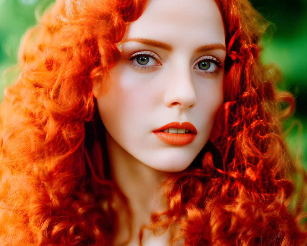 Vibrant red-haired woman with blue eyes in white top on green background