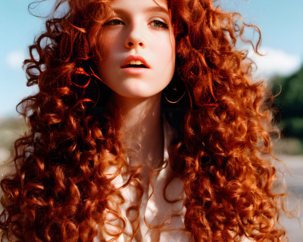 Voluminous red curly hair woman in white blouse against blue sky