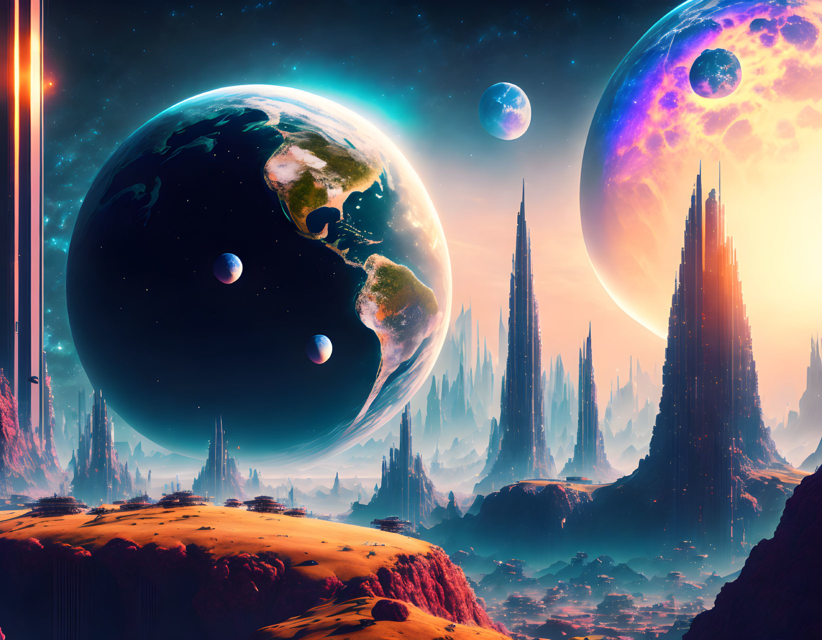 Vivid Sci-Fi Landscape with Alien Spires and Multiple Planets