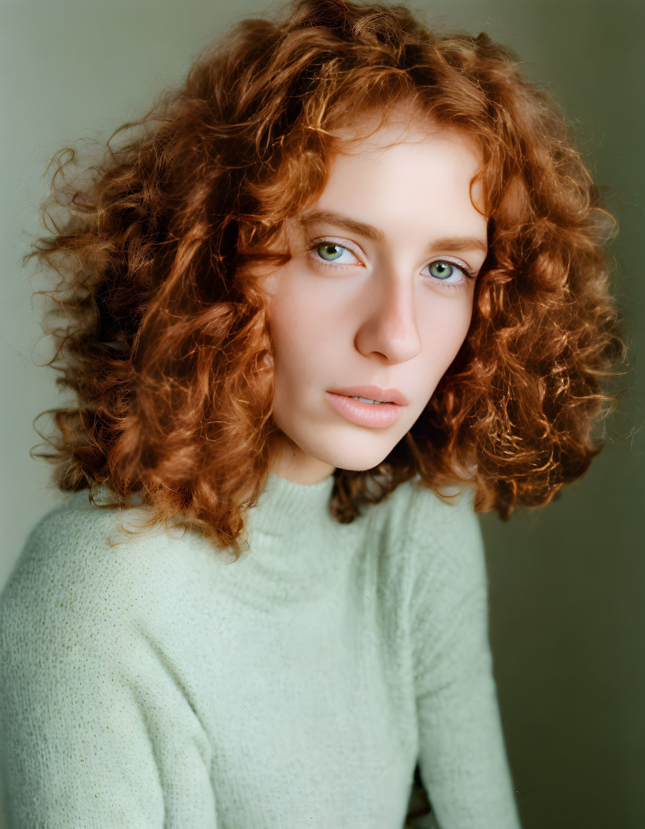 Curly Red-Haired Person in Green Sweater with Green Eyes