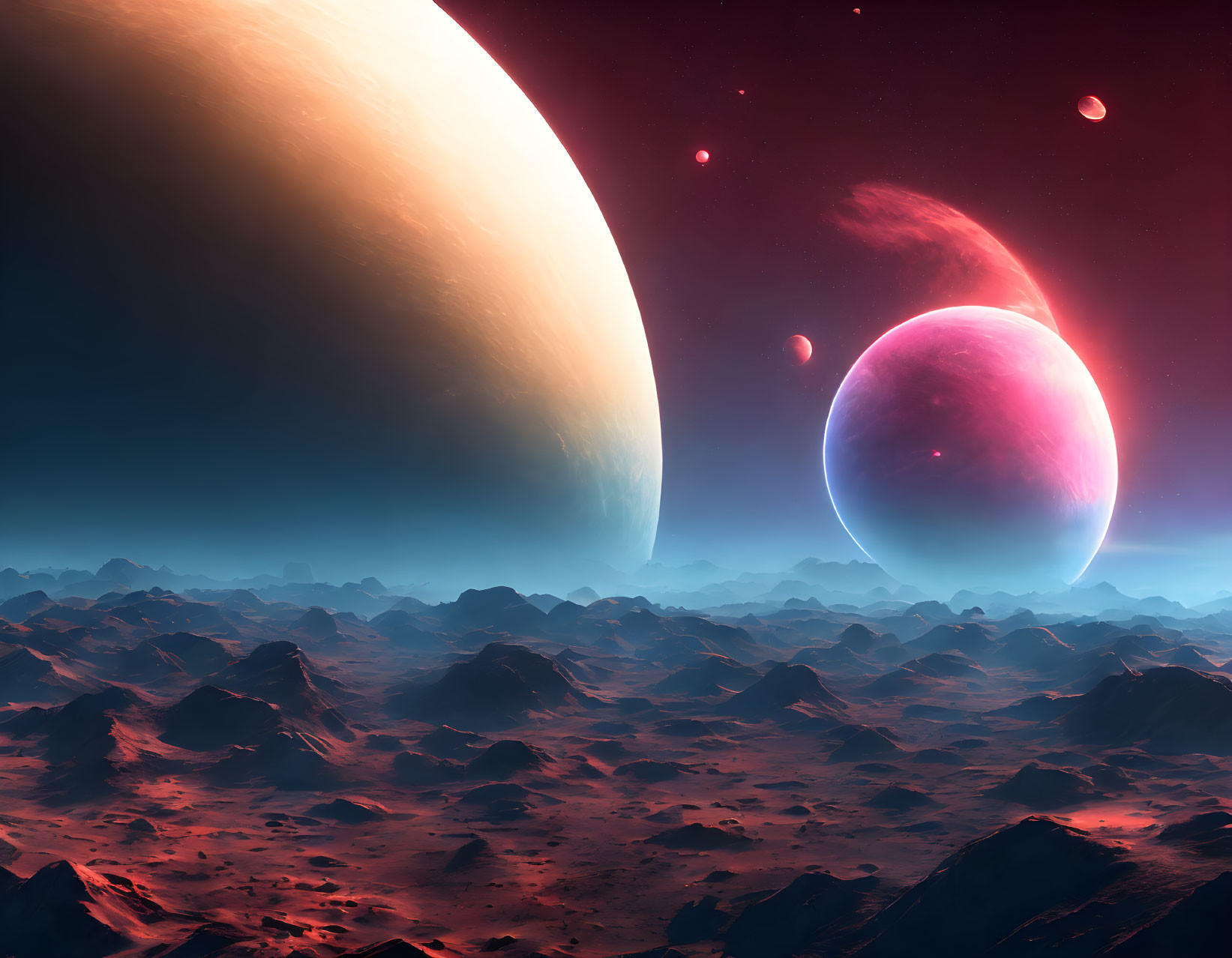 Sci-fi landscape with rocky terrain under a red sky and two celestial bodies.