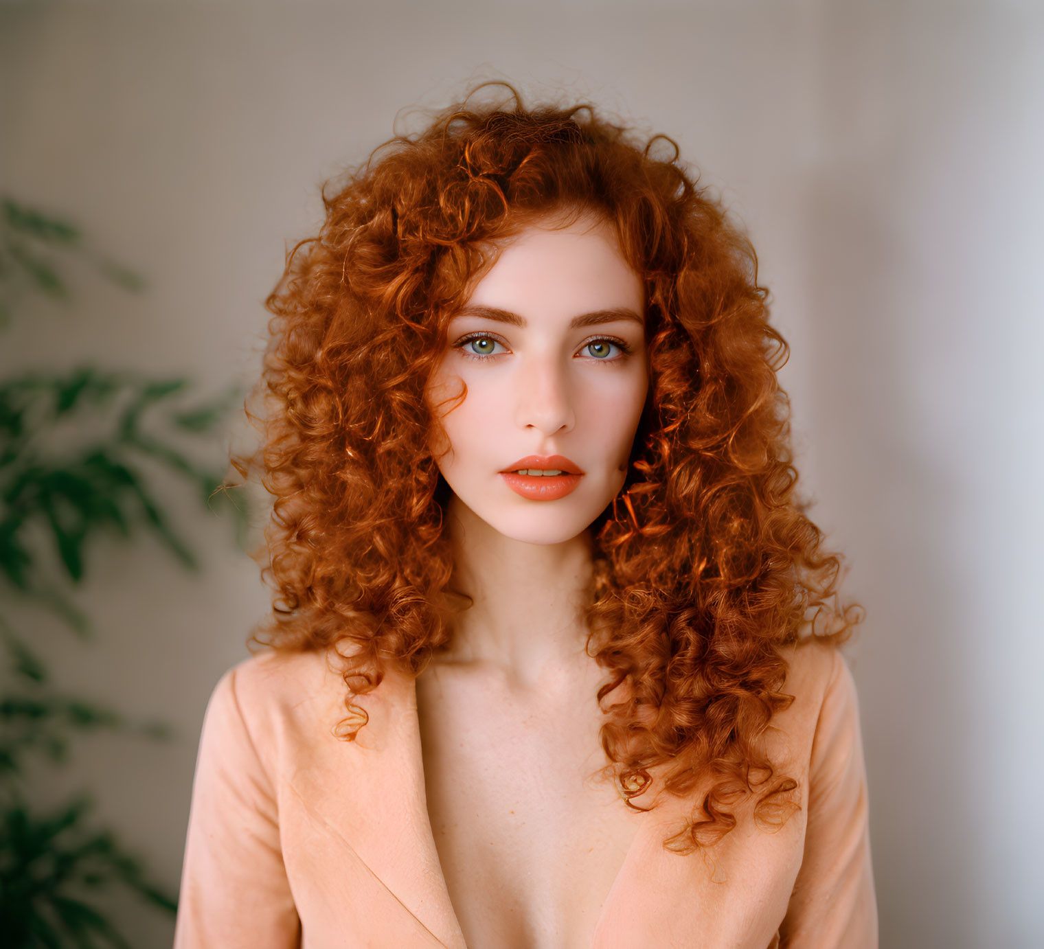 Curly Red-Haired Woman in Peach Blazer with Blue Eyes and Plants