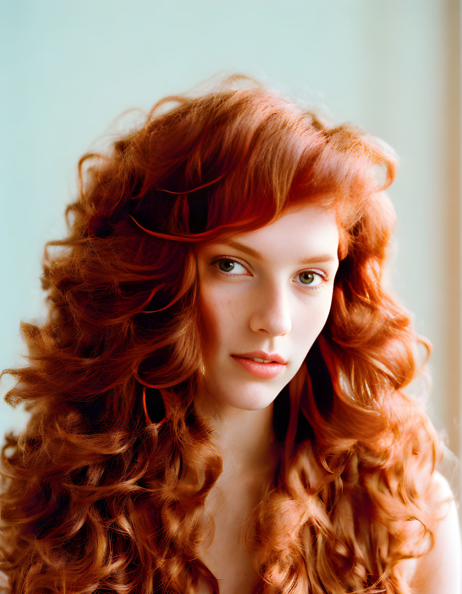 Portrait of a person with voluminous red curly hair and fair skin against a soft-focused light background