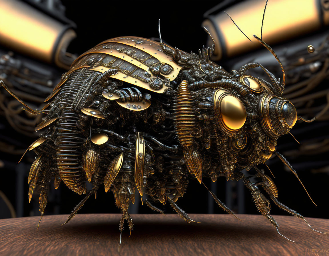 Detailed Steampunk Mechanical Fly on Industrial Machinery Background