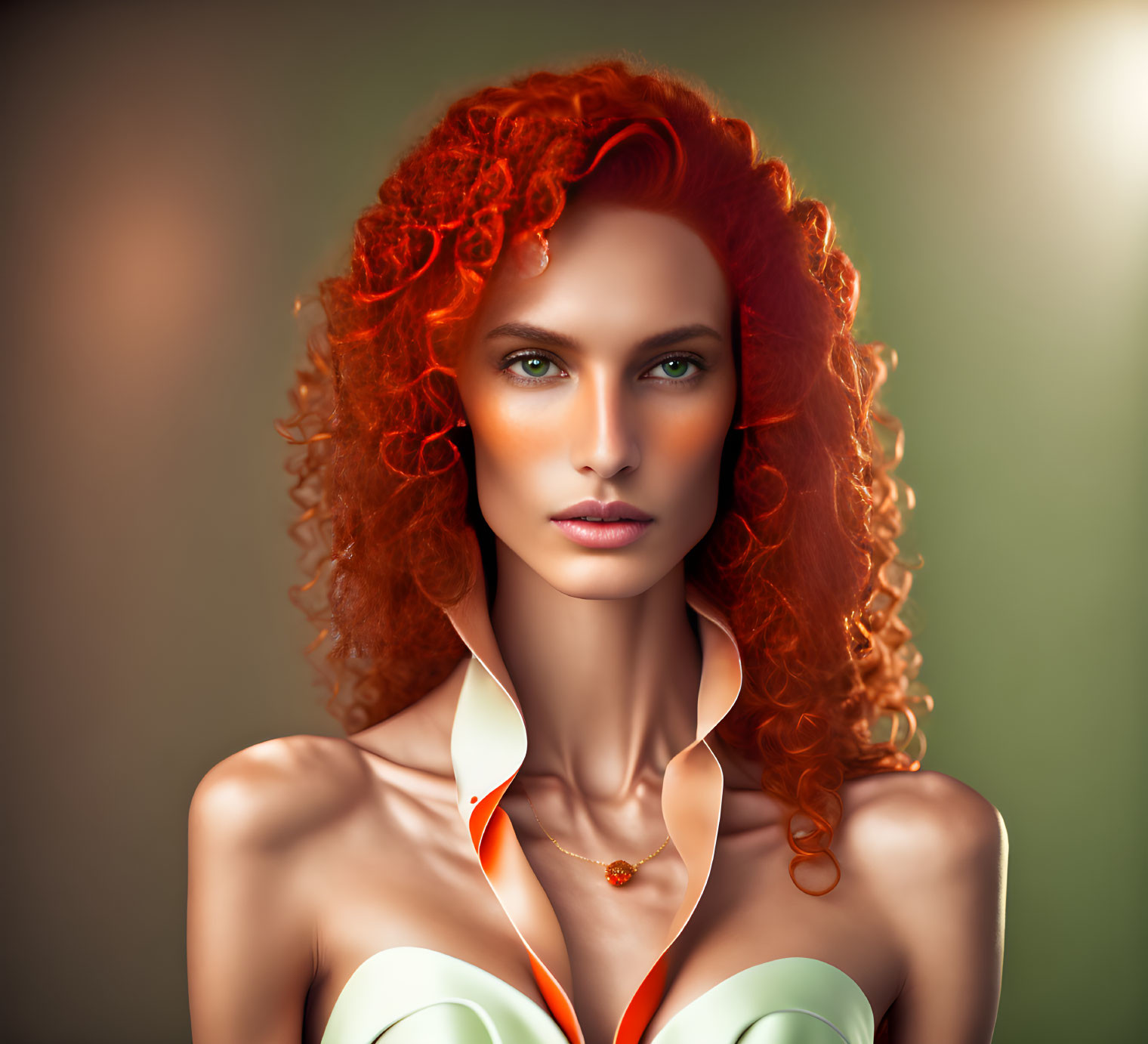 Digital Artwork: Woman with Curly Red Hair in White Dress