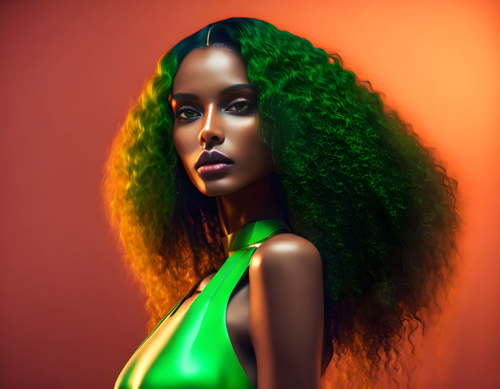 Voluminous curly green hair woman in vibrant green dress on orange backdrop