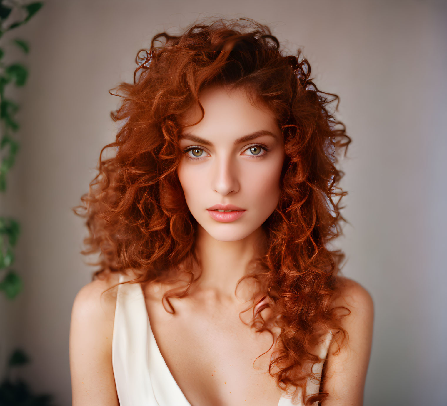 Curly red-haired woman with green eyes in soft background portrait