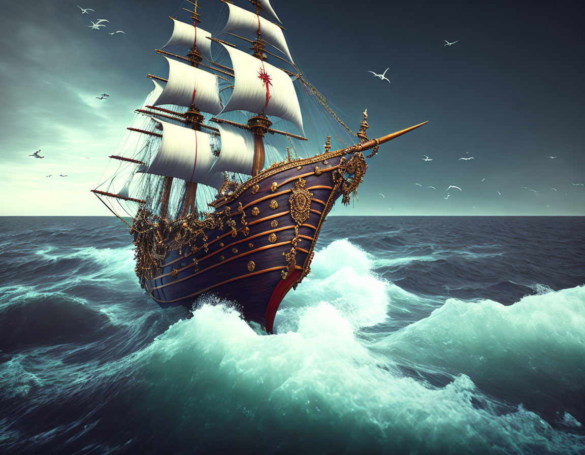 Tall ship with billowing sails on turbulent ocean waves