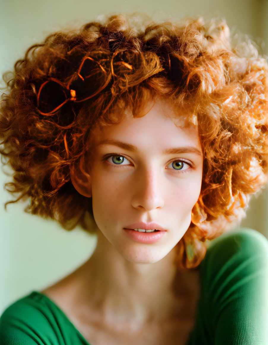 Curly Red-Haired Woman in Green Top with Glasses on Head