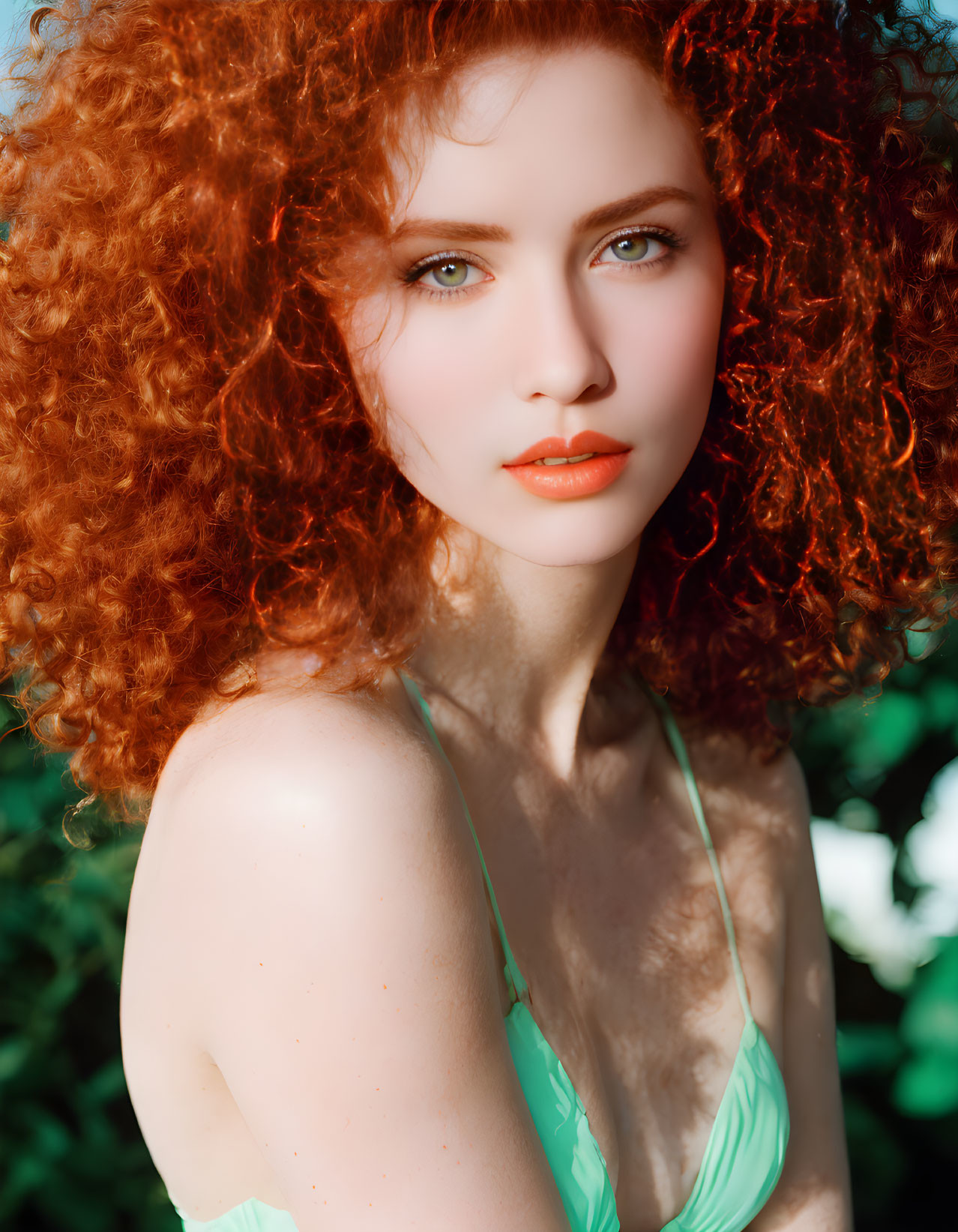Curly Red-Haired Woman with Blue Eyes in Green Top