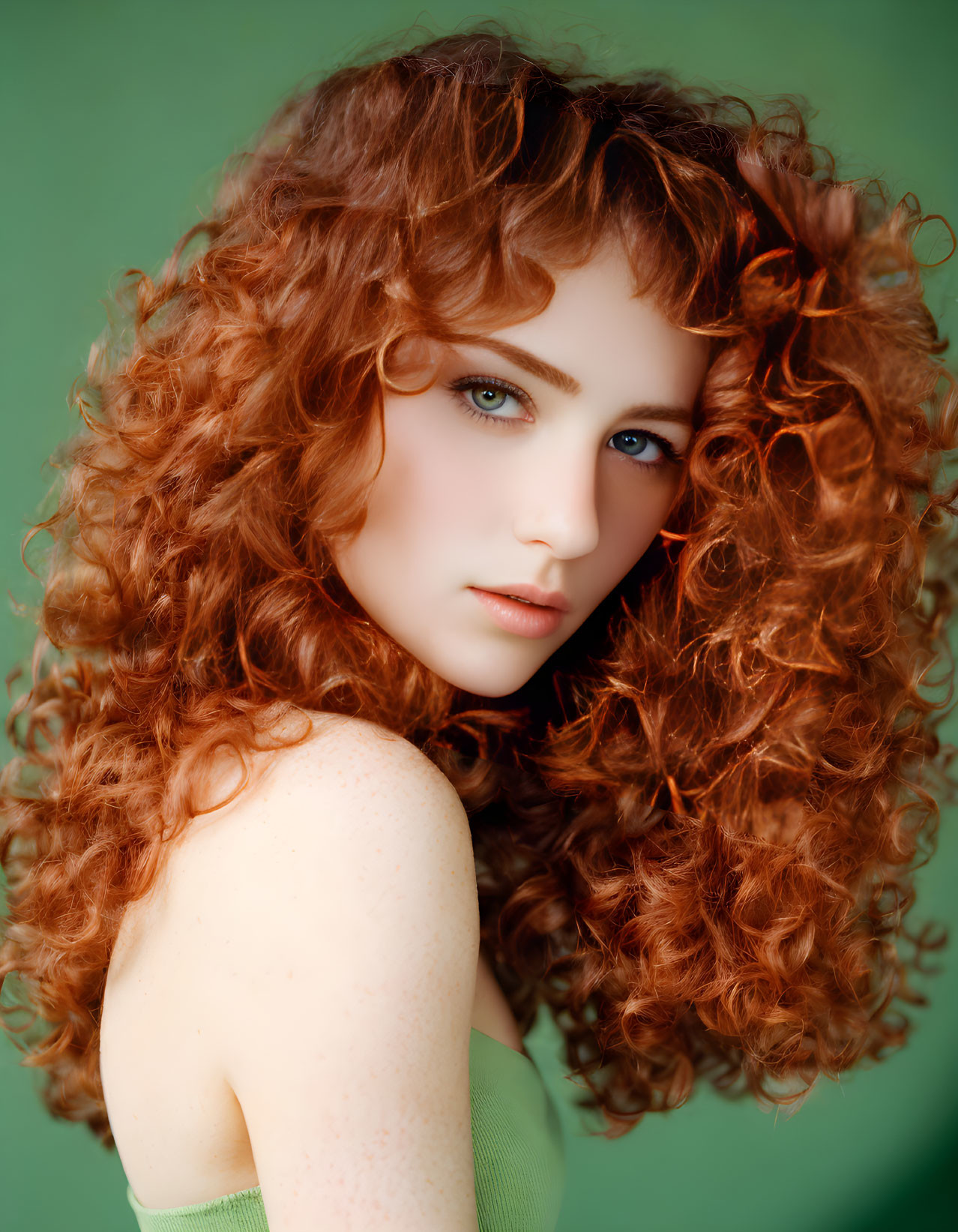 Curly Red-Haired Woman with Blue Eyes on Green Background