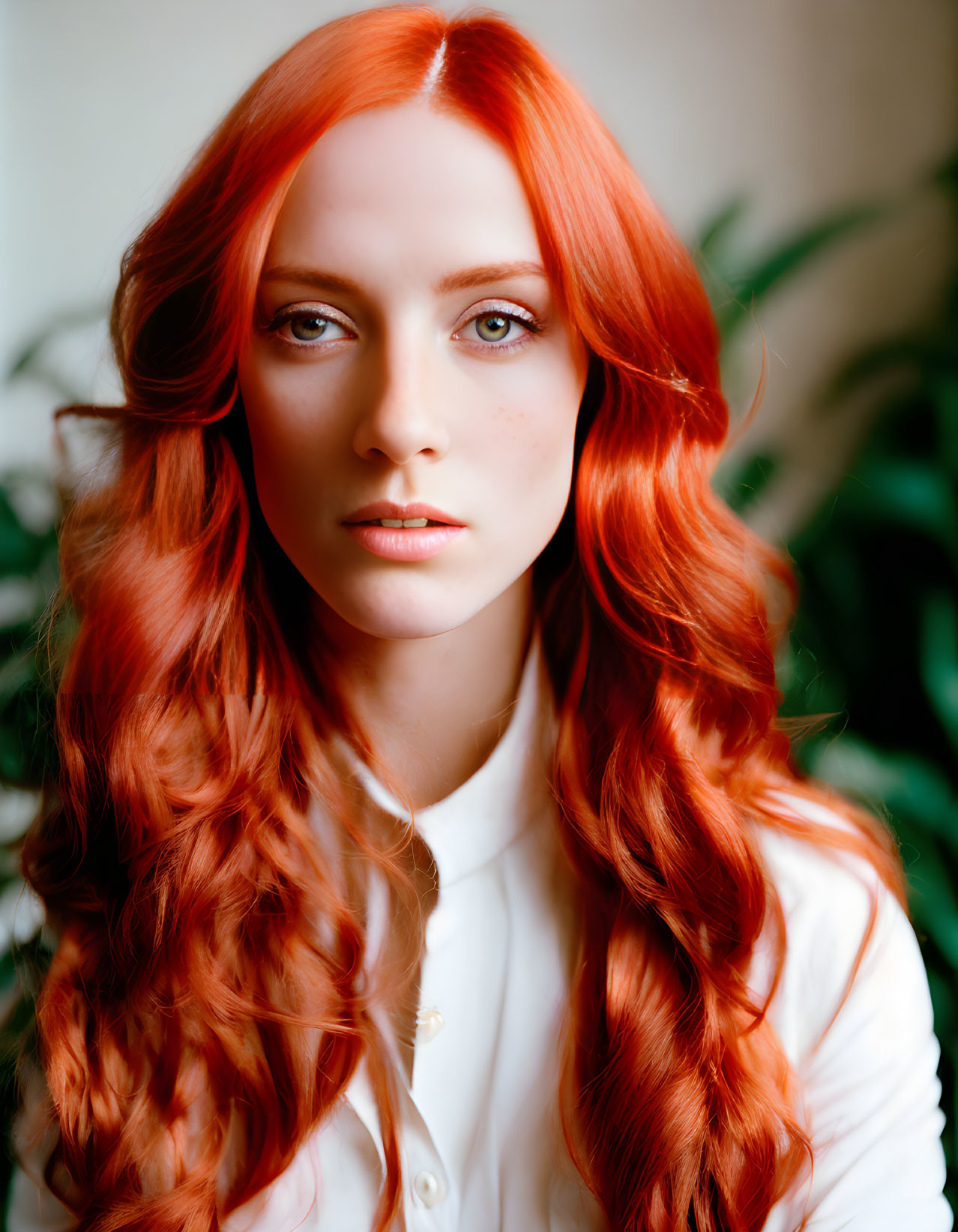 Portrait of person with long red hair, fair skin, and green eyes in white shirt on green background