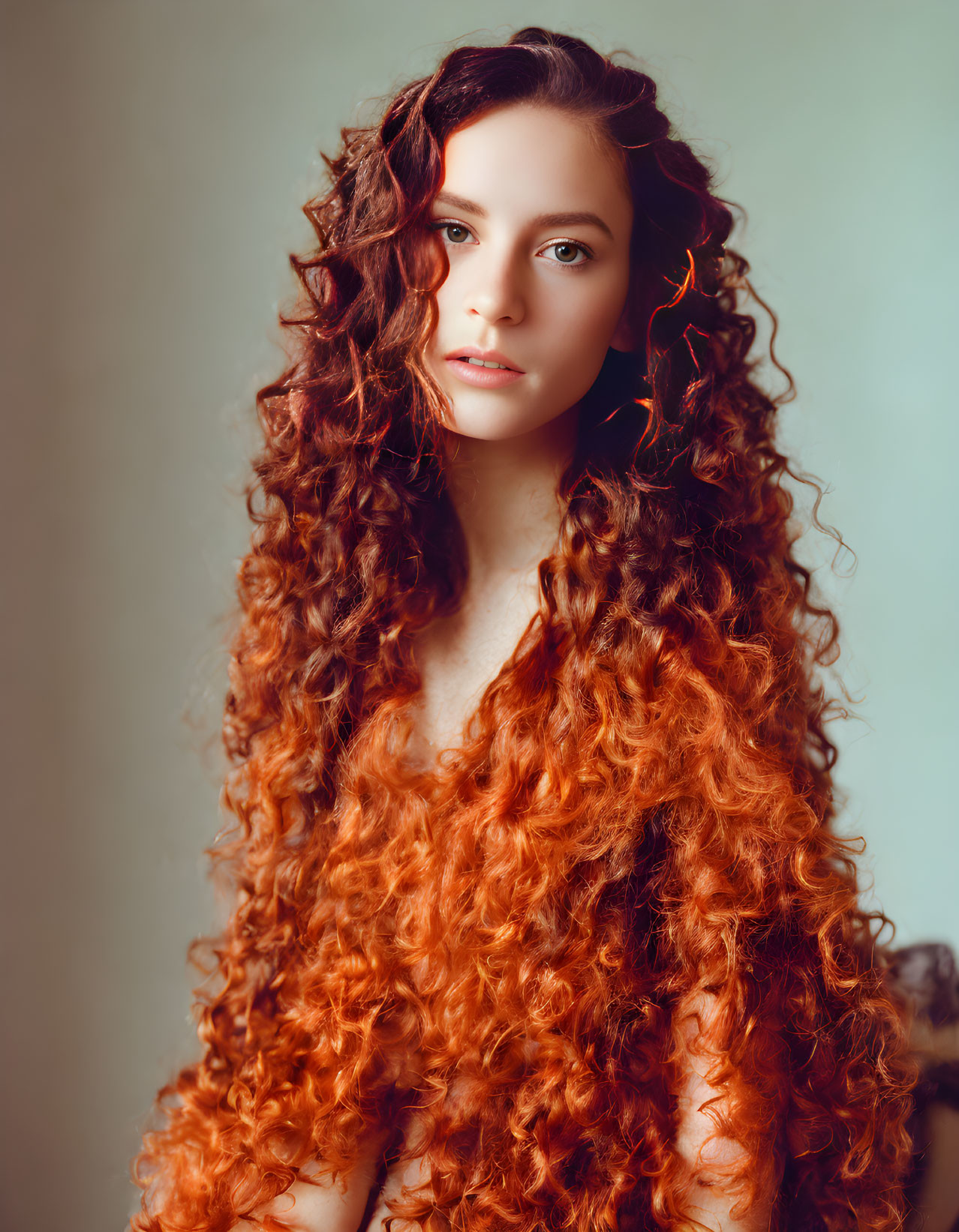 Portrait of a Young Woman with Long Curly Red Hair