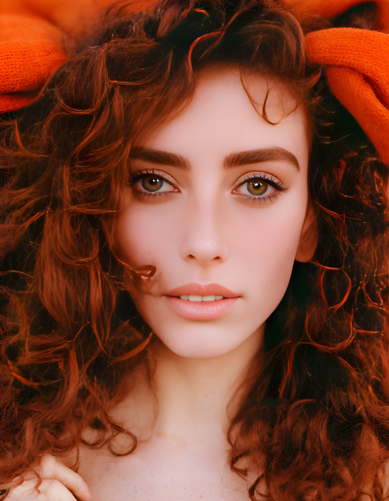 Curly Red-Haired Woman with Green Eyes and Orange Headband