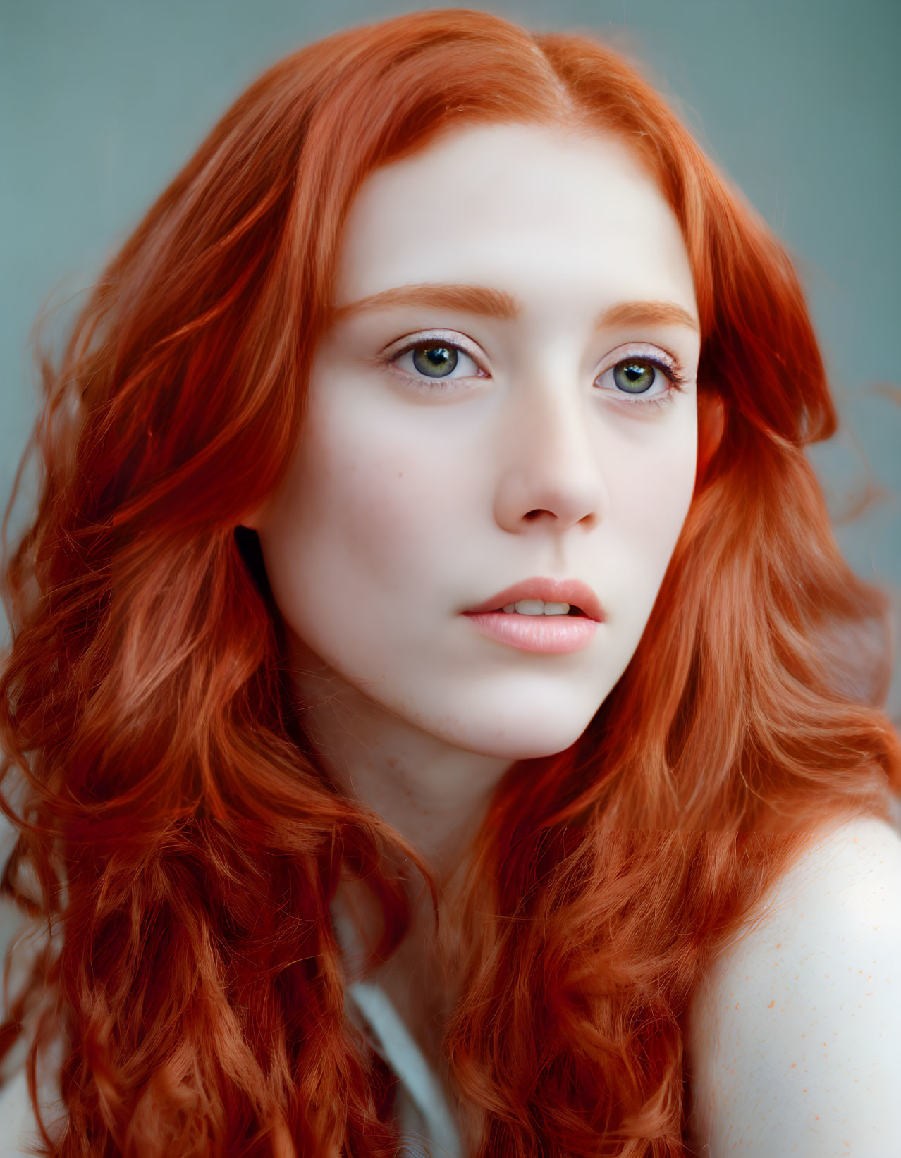 Portrait of person with long red hair, fair skin, and green eyes.