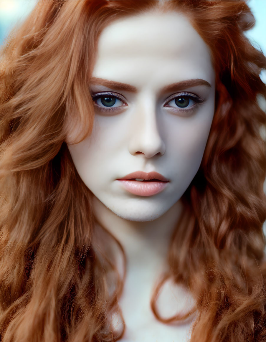 Portrait of a person with curly red hair, fair skin, and intense blue eyes.