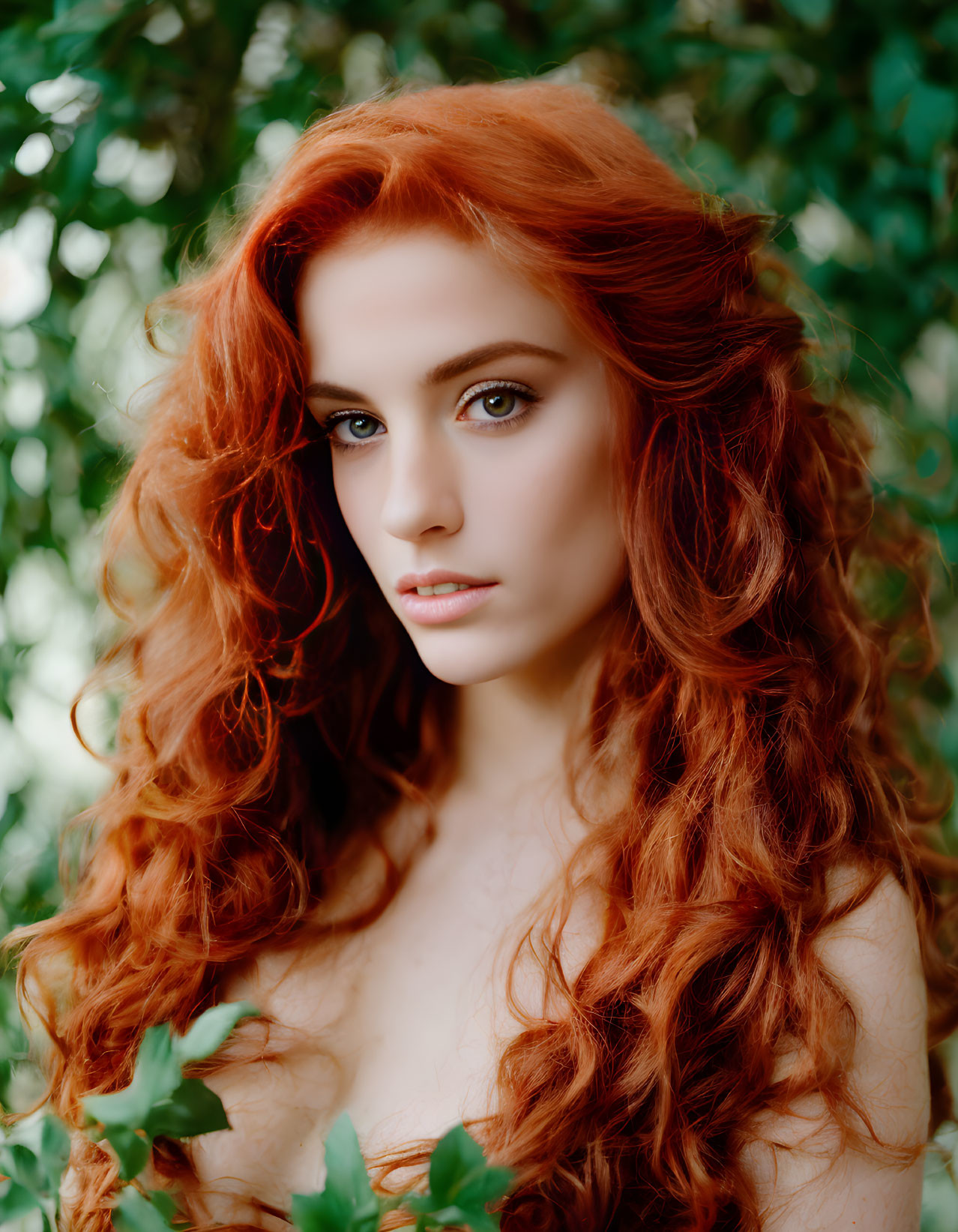 Intense red-haired woman in green foliage gaze.