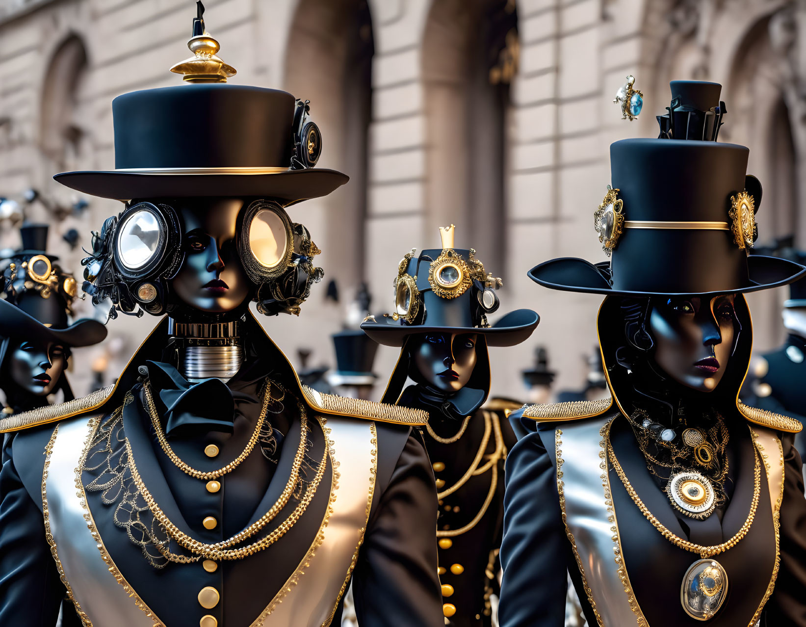 Steampunk-themed figures in ornate attire against backdrop.
