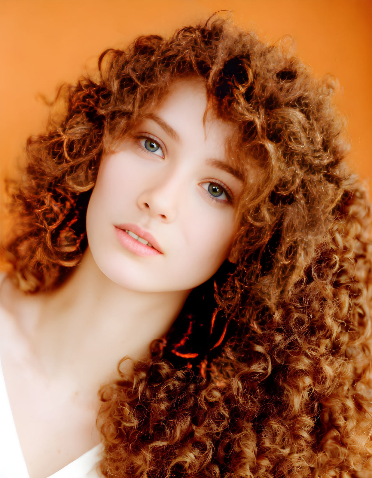 Curly Haired Woman with Blue Eyes on Orange Background