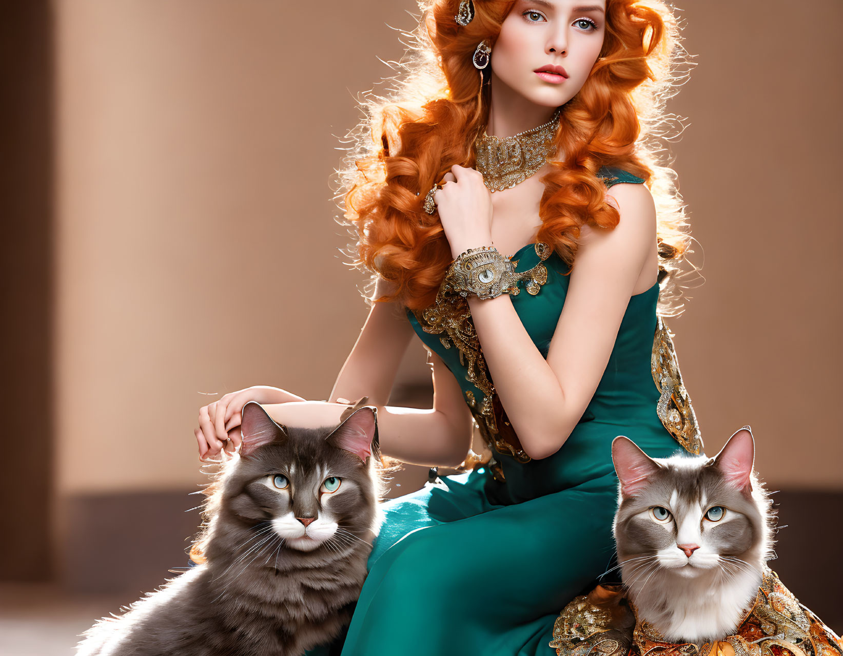 Elaborate red curly hair woman with Maine Coon cats in green dress