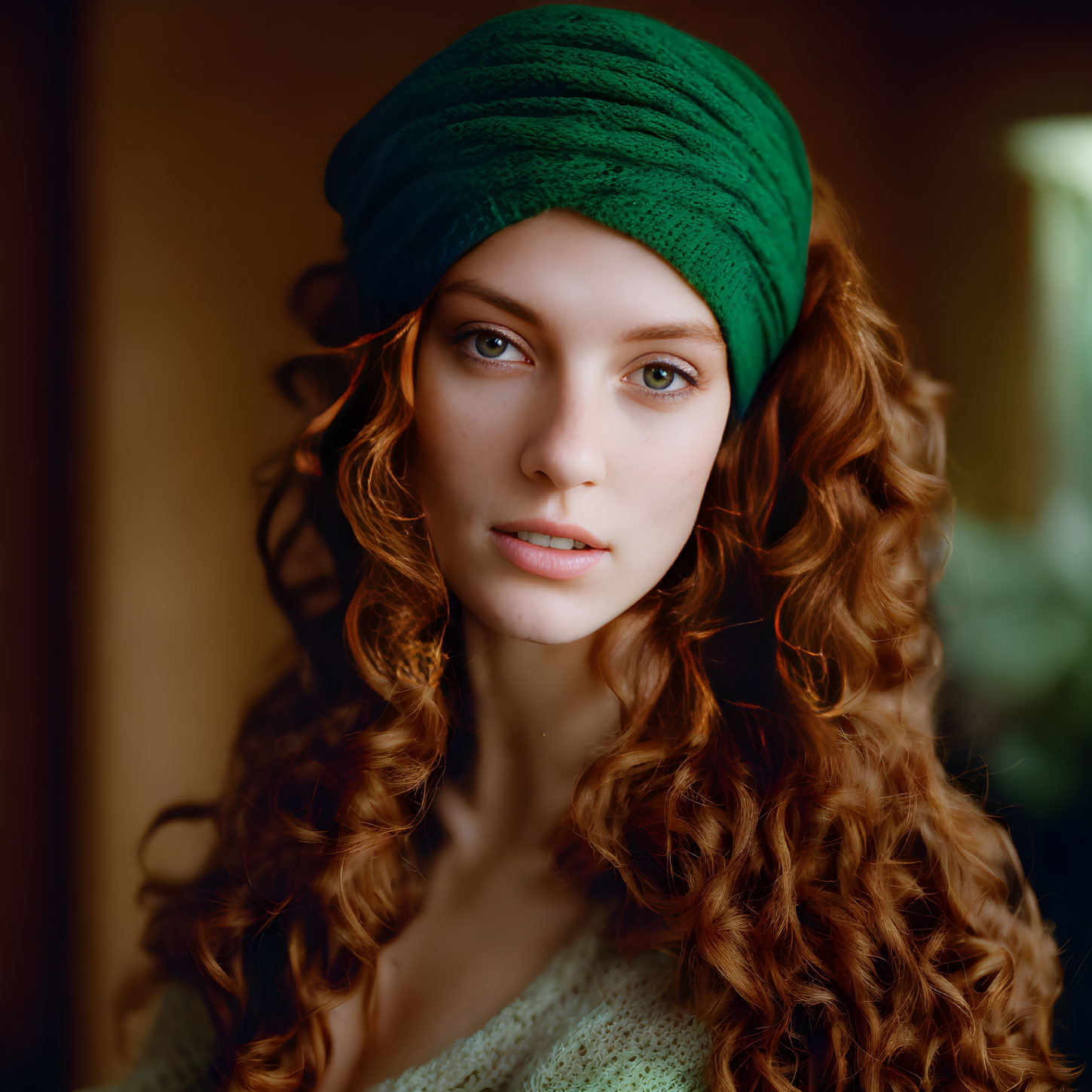 Curly red-haired woman in green turban gazes softly at camera in warm, blurred setting