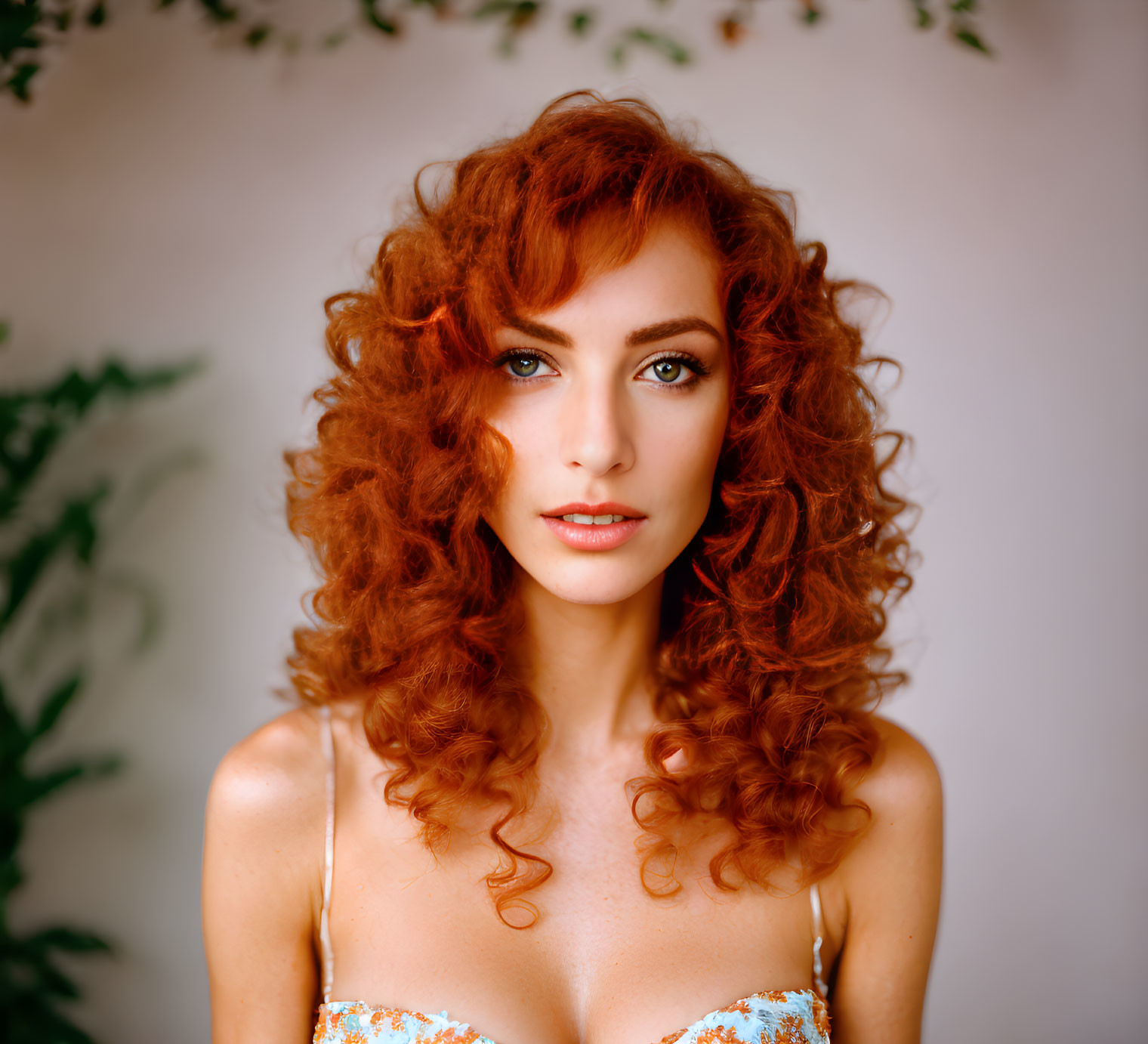 Curly Red-Haired Woman with Blue Eyes in Nature Setting
