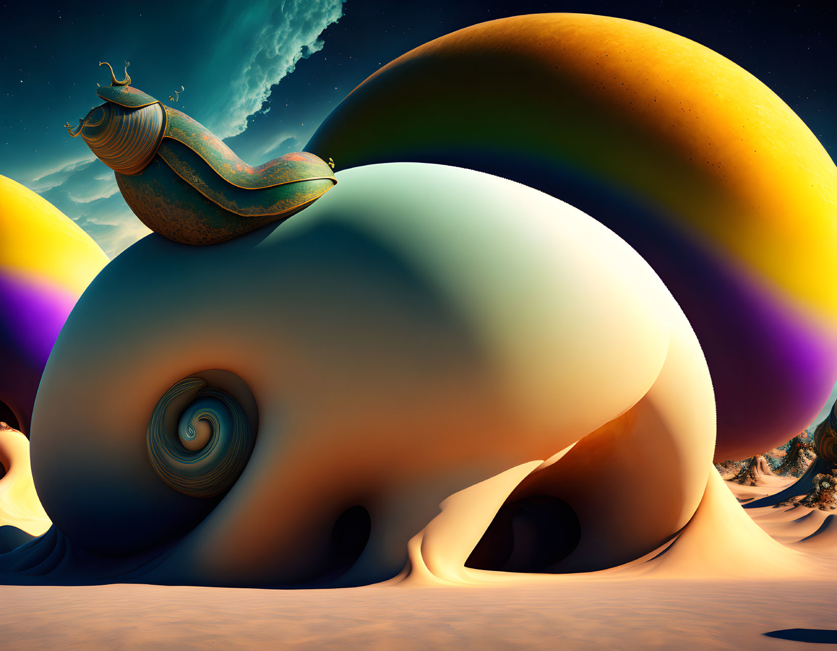 Colorful Oversized Snail Shells in Whimsical Landscape