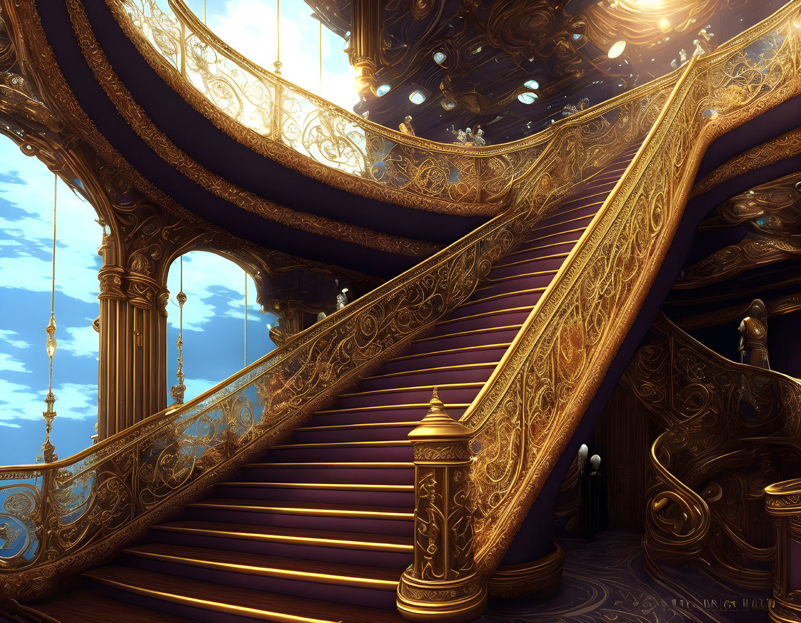 Luxurious staircase with golden details and blue hue, ornate banisters.