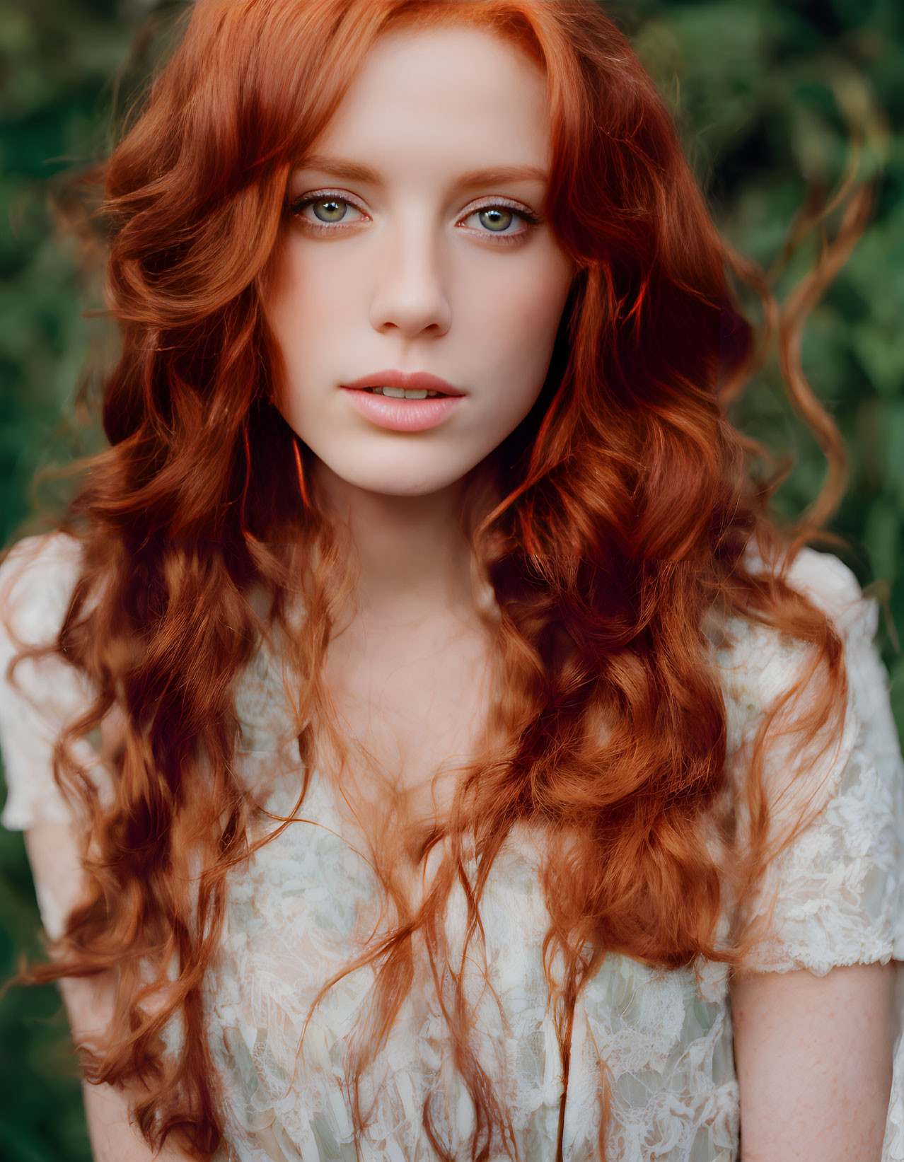 Woman with Long Curly Red Hair in White Lace Outfit against Green Foliage