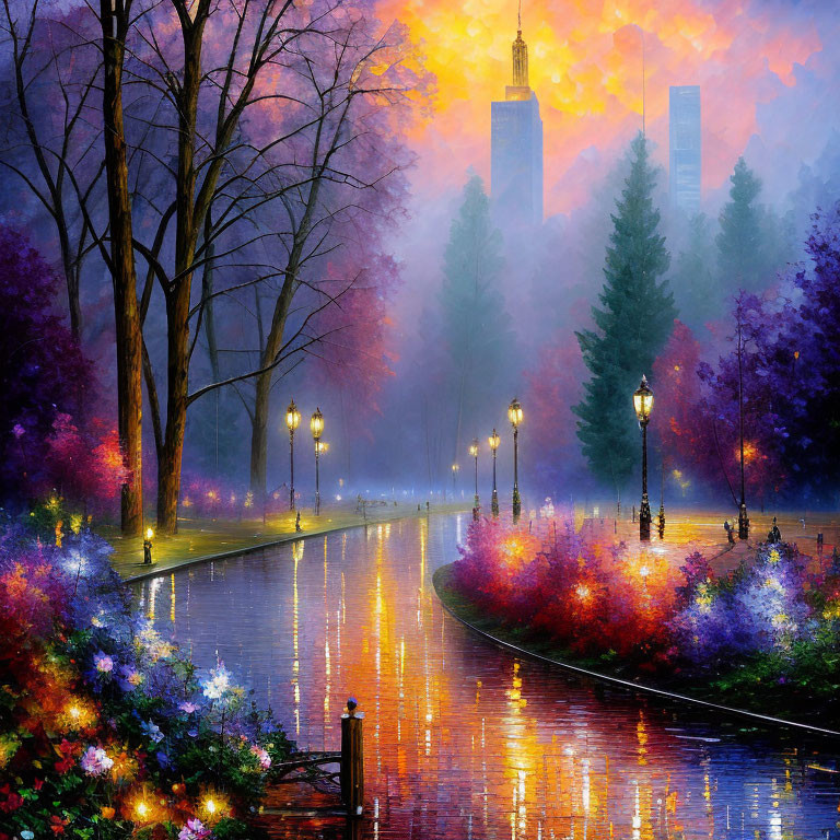 Colorful painting of rainy park evening with glowing street lamps and misty city skyline