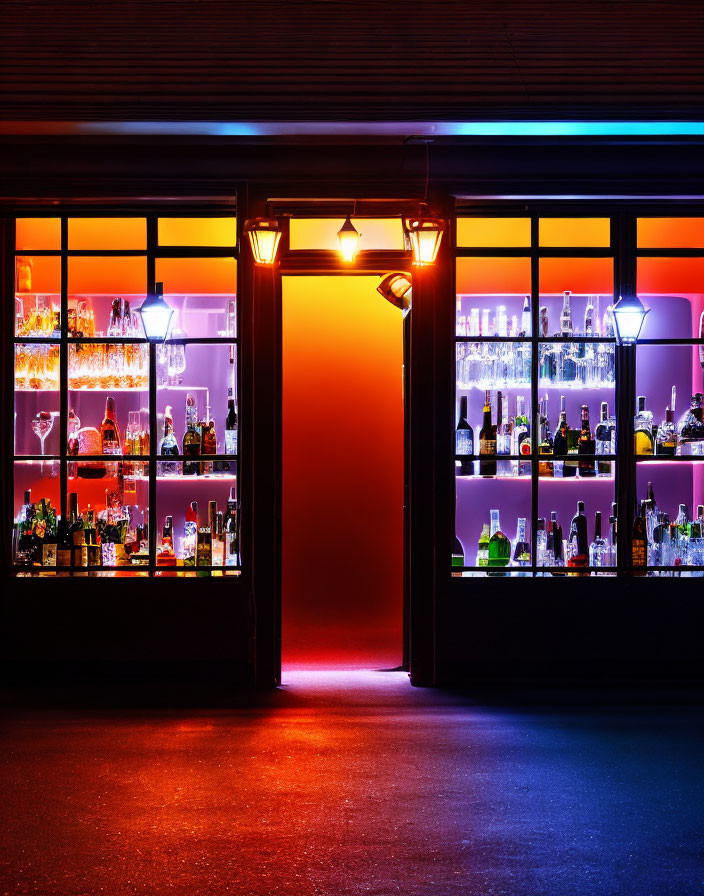 Colorful Bar Interior with Illuminated Shelves and Hanging Lamps