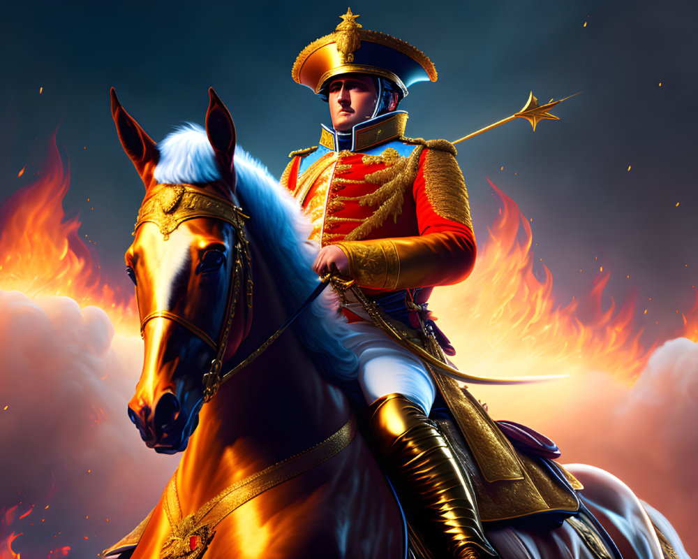 Military Figure in Red Uniform on White Horse Amid Flames