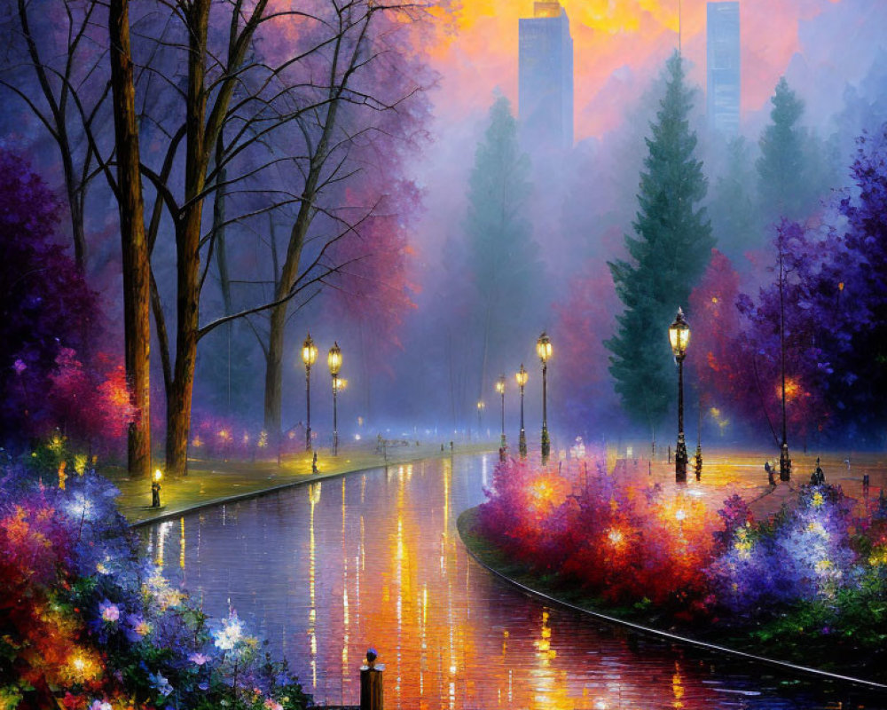 Colorful painting of rainy park evening with glowing street lamps and misty city skyline