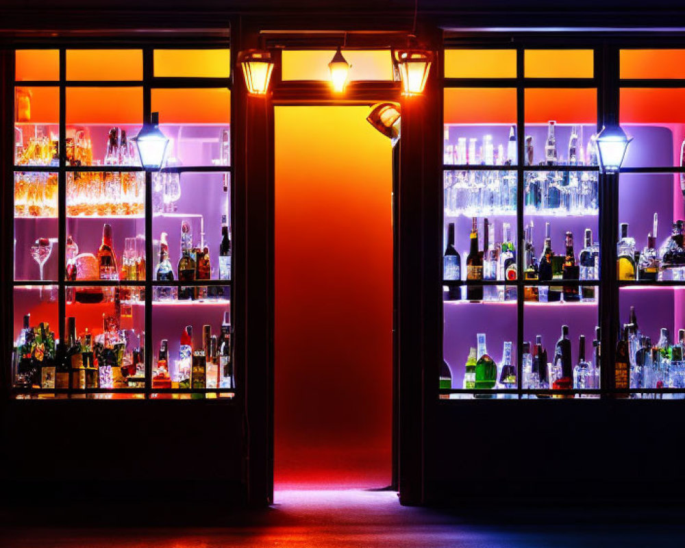 Colorful Bar Interior with Illuminated Shelves and Hanging Lamps