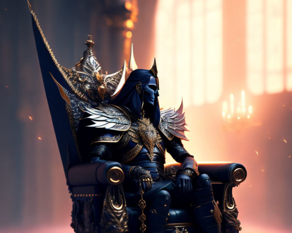 Regal Figure in Golden Armor on Ornate Throne