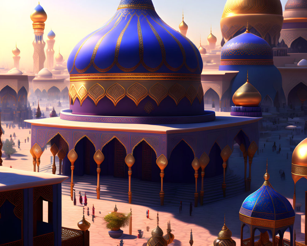 Fantasy Arabian-style cityscape at twilight with vivid colors
