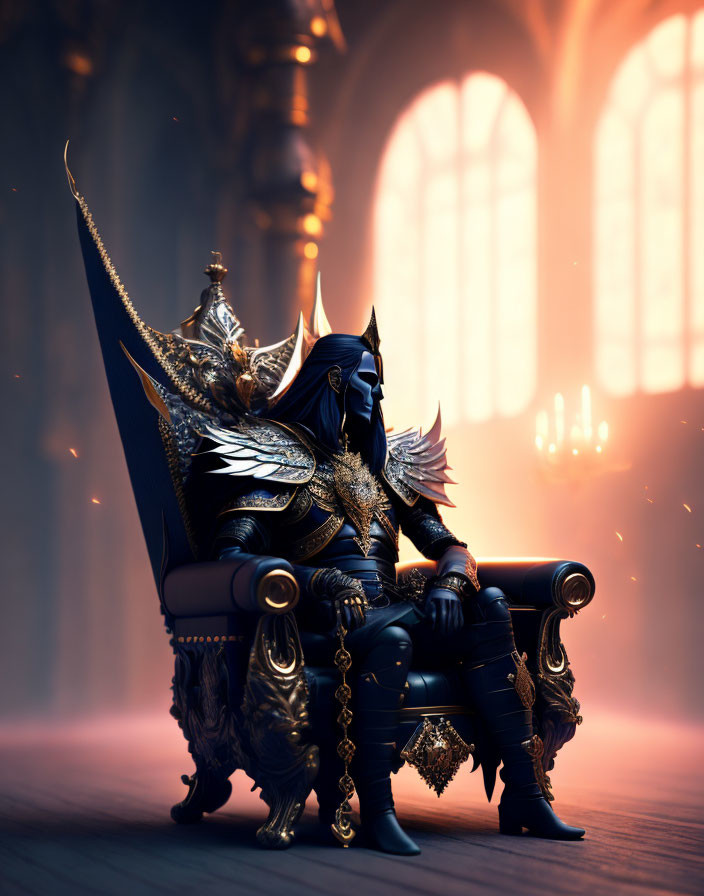 Regal Figure in Golden Armor on Ornate Throne