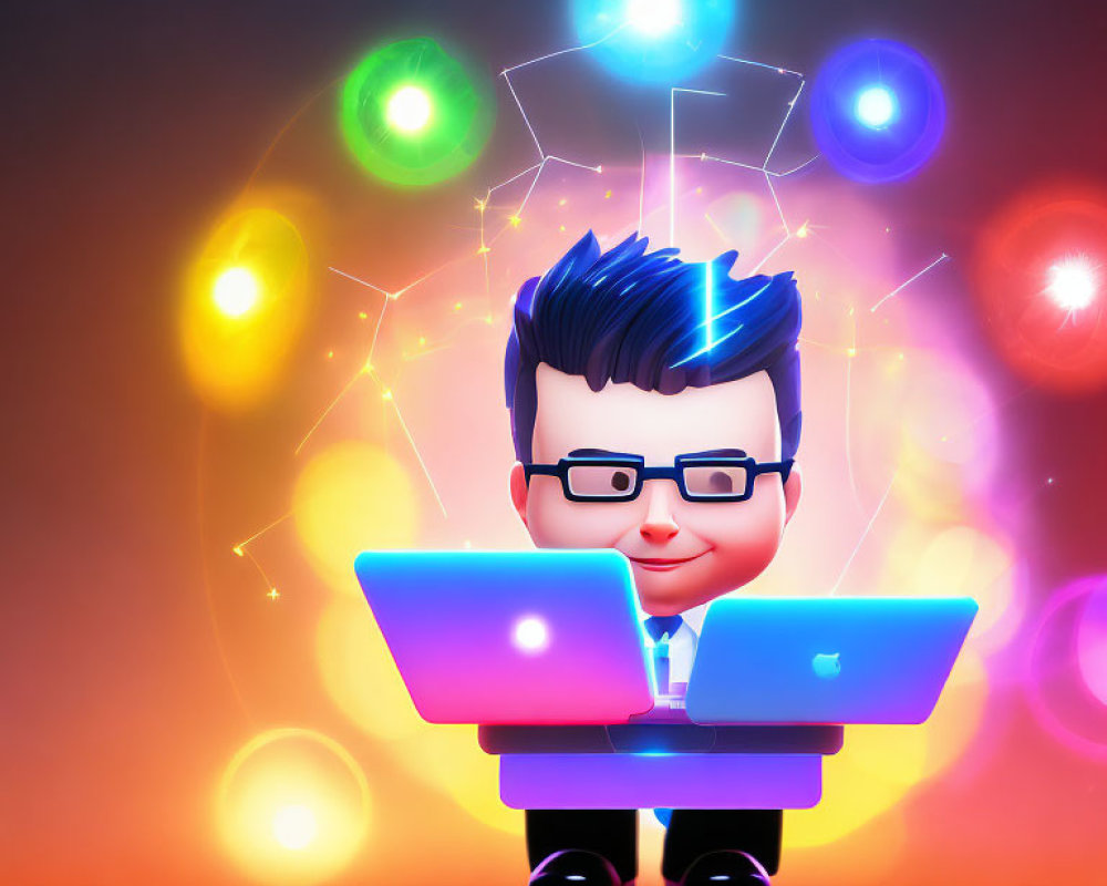 Stylized cartoon businessman with glowing idea bulbs working on laptop
