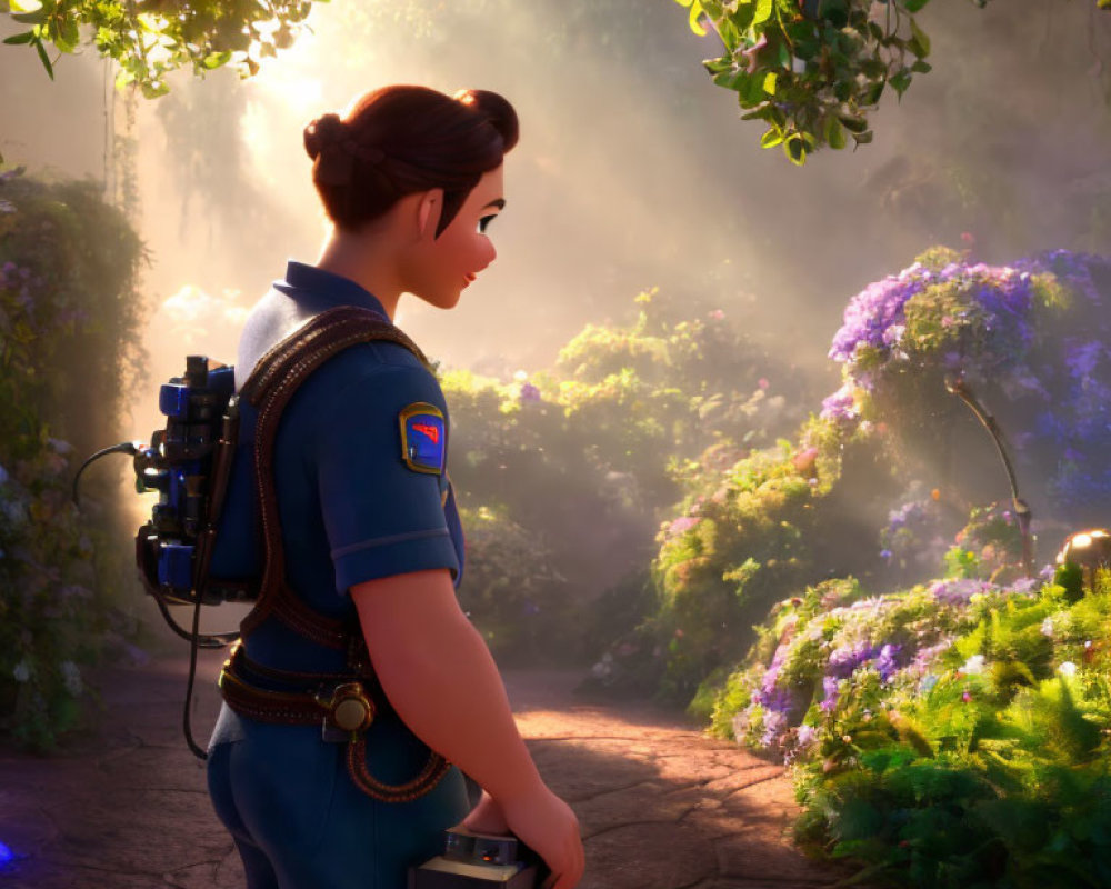 Sci-fi backpack animated character in police uniform overlooking flower-covered forest path