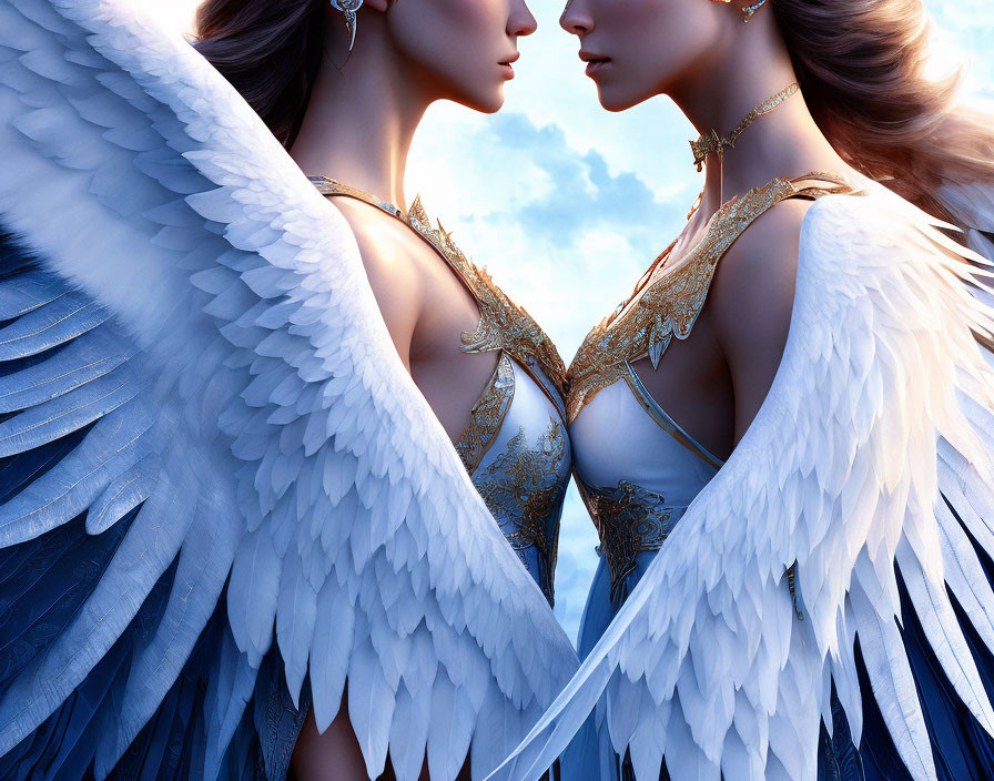 Ethereal women with angelic wings in gold-trimmed attire against vibrant sky